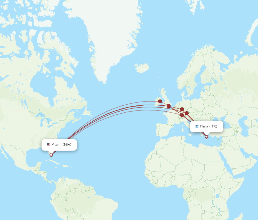 MIA-JTR flight routes