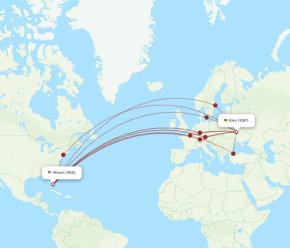 Miami - Kiev/Kyiv route map and flight paths