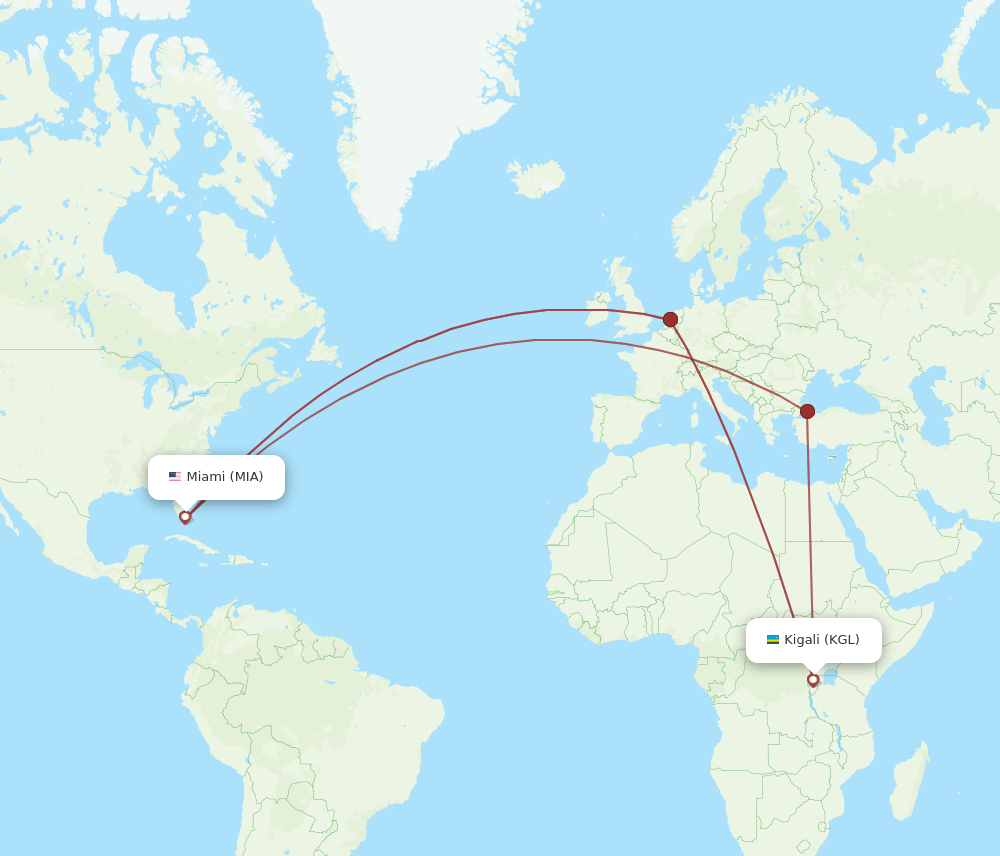 Kigali - Miami route map and flight paths