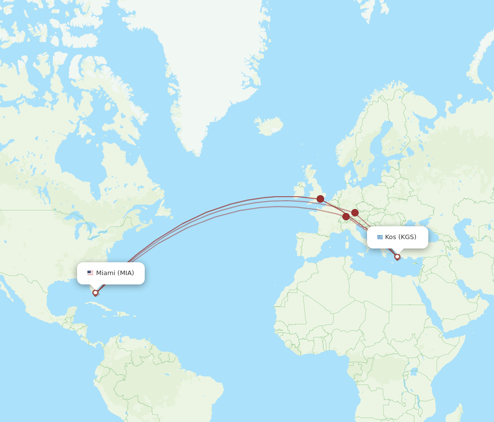 Kos - Miami route map and flight paths