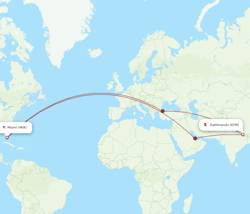 MIA-KTM flight routes