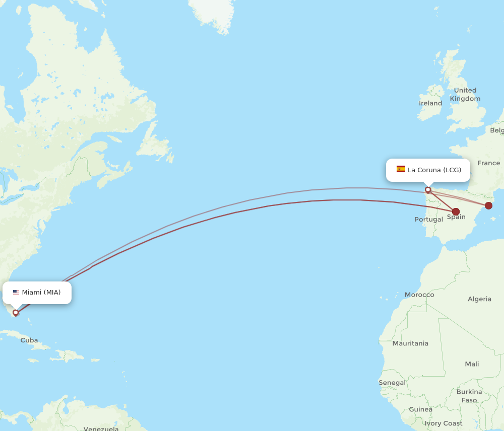 MIA to LCG flights and routes map