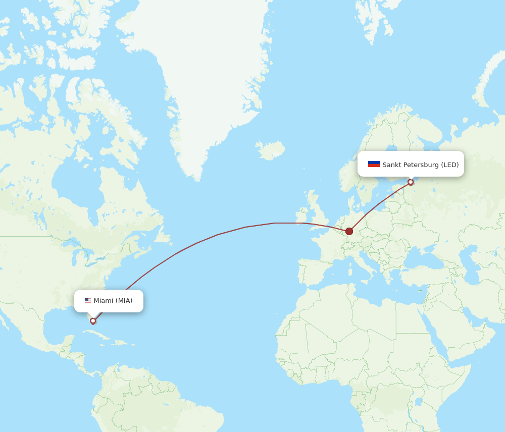 Miami - Saint Petersburg route map and flight paths