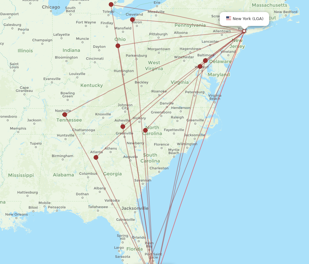 MIA to LGA flights and routes map