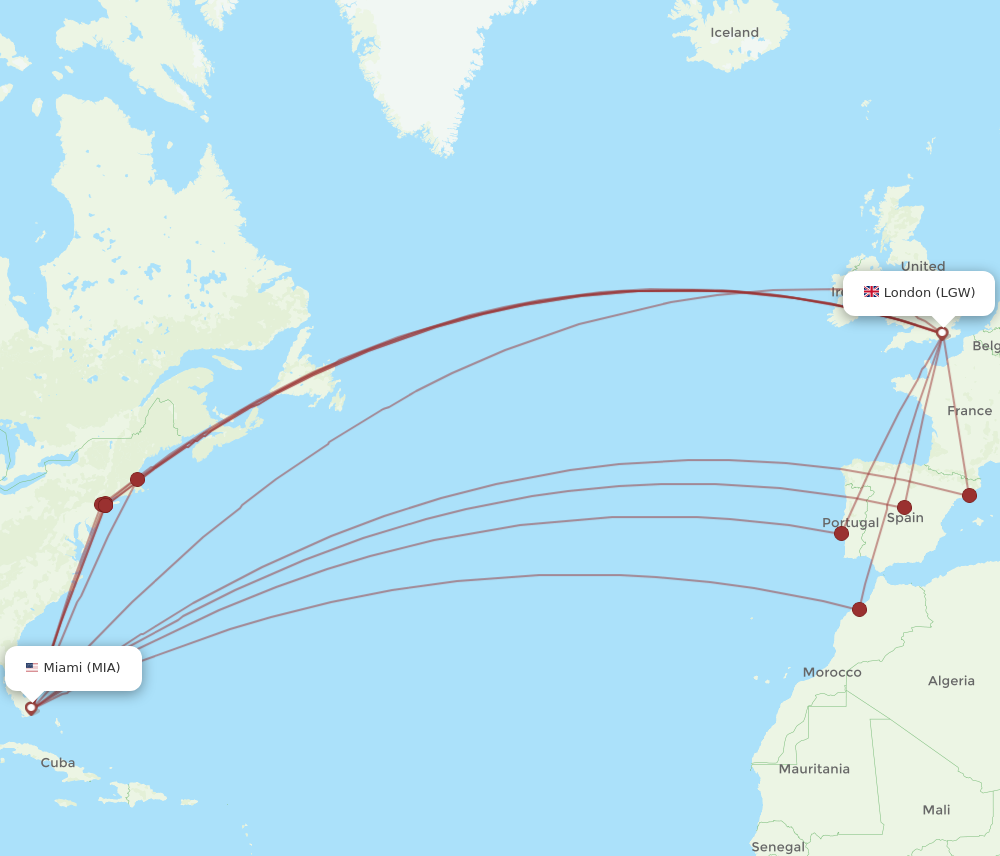 MIA to LGW flights and routes map