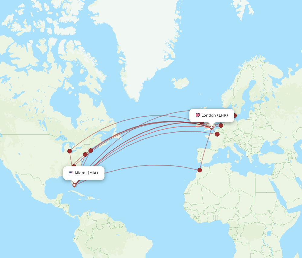 MIA to LHR flights and routes map