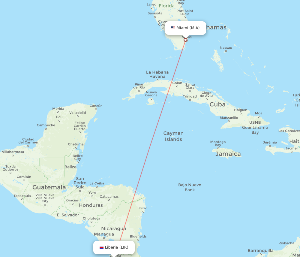 MIA to LIR flights and routes map