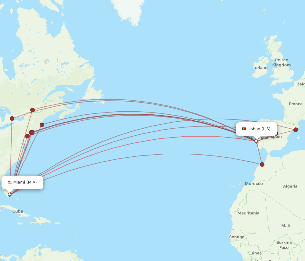MIA to LIS flights and routes map