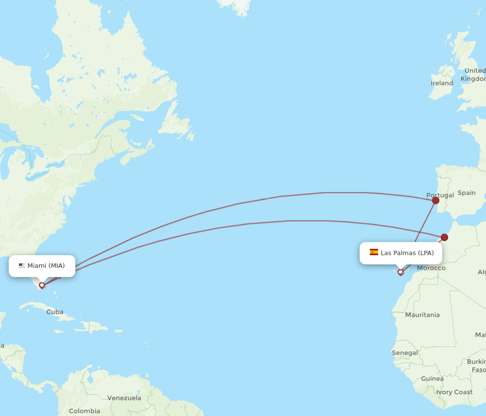 MIA to LPA flights and routes map