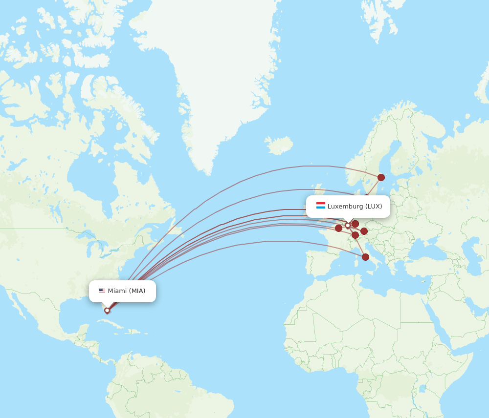 MIA to LUX flights and routes map
