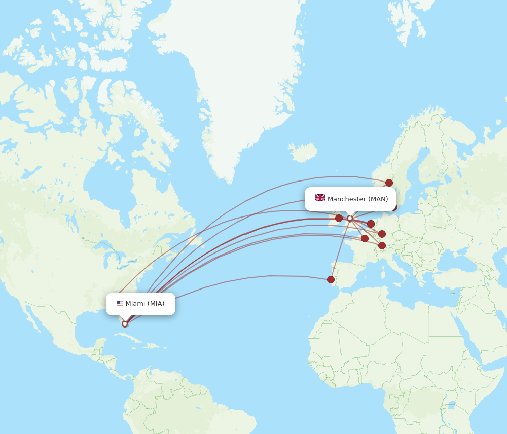 MIA to MAN flights and routes map