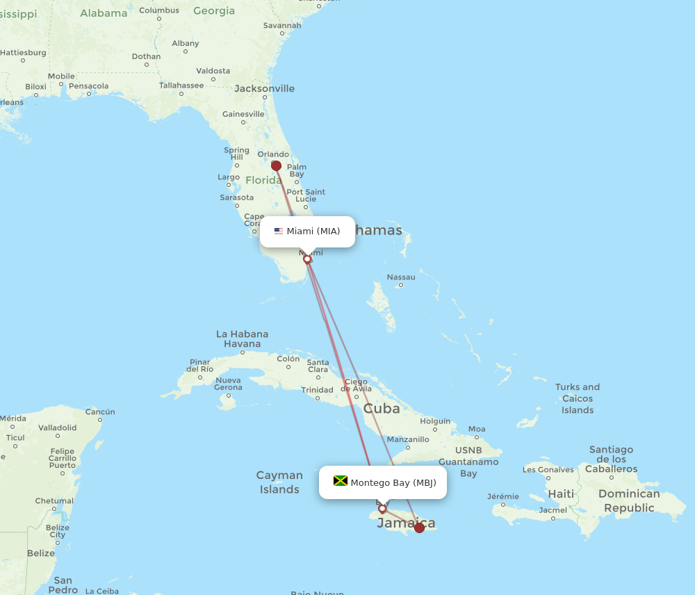 MIA to MBJ flights and routes map