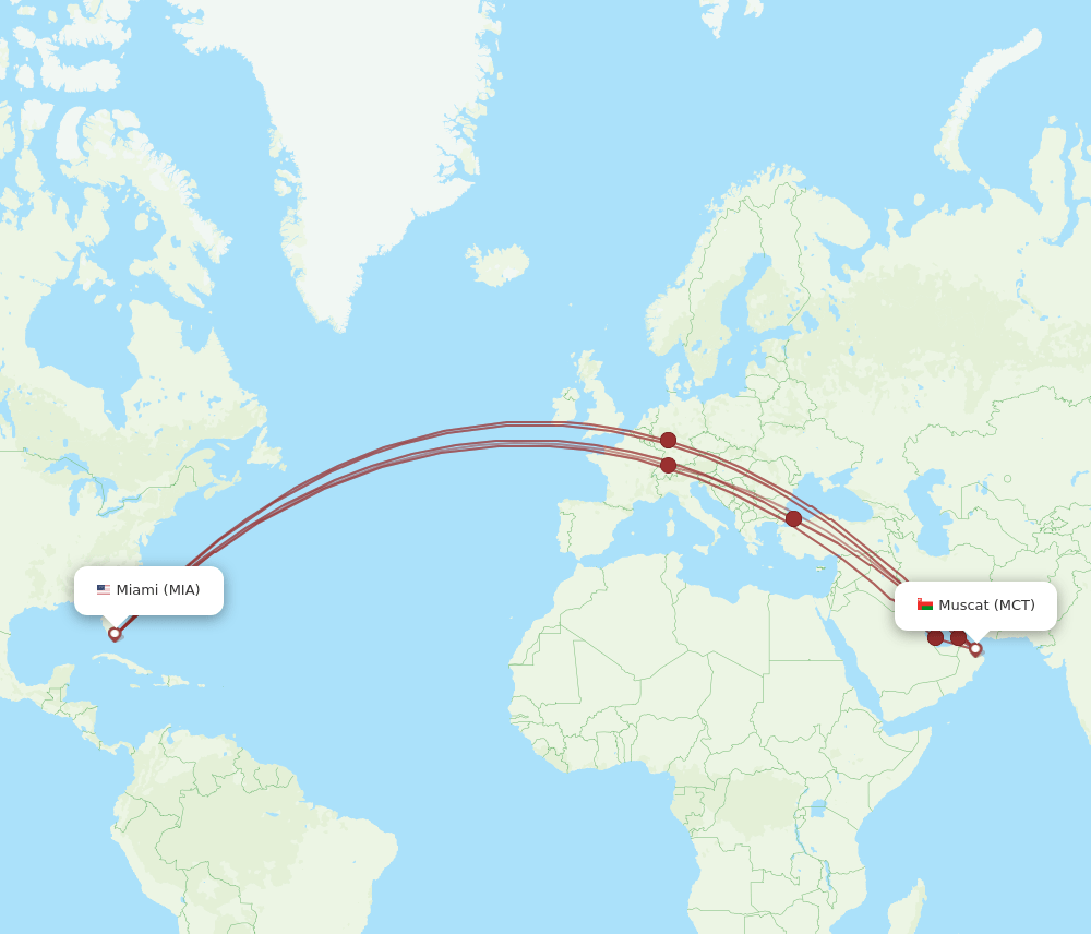 MIA to MCT flights and routes map