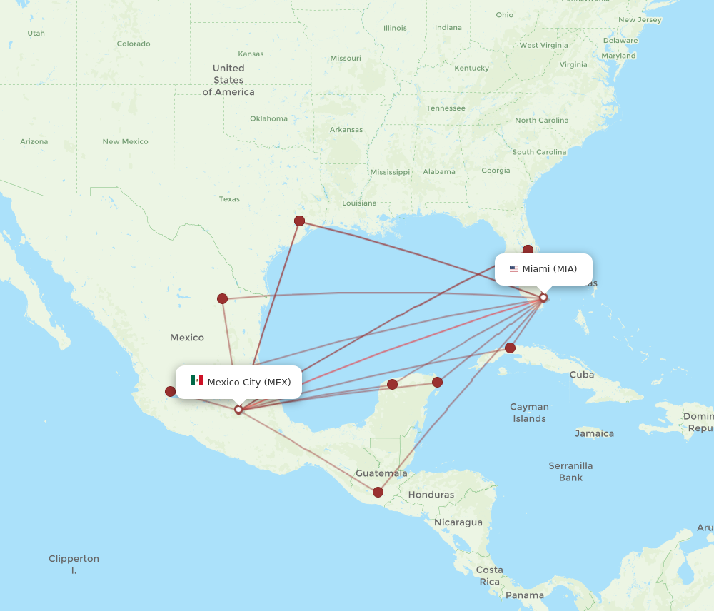 MIA to MEX flights and routes map