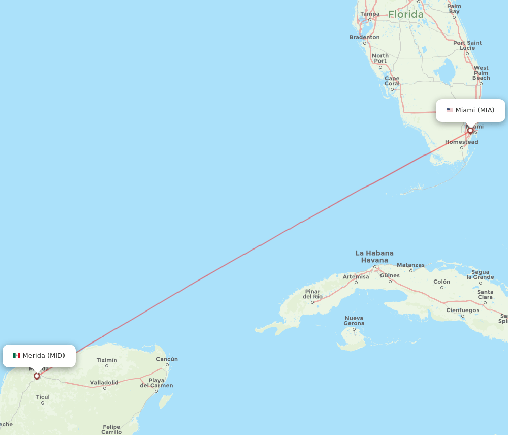 Miami - Merida route map and flight paths
