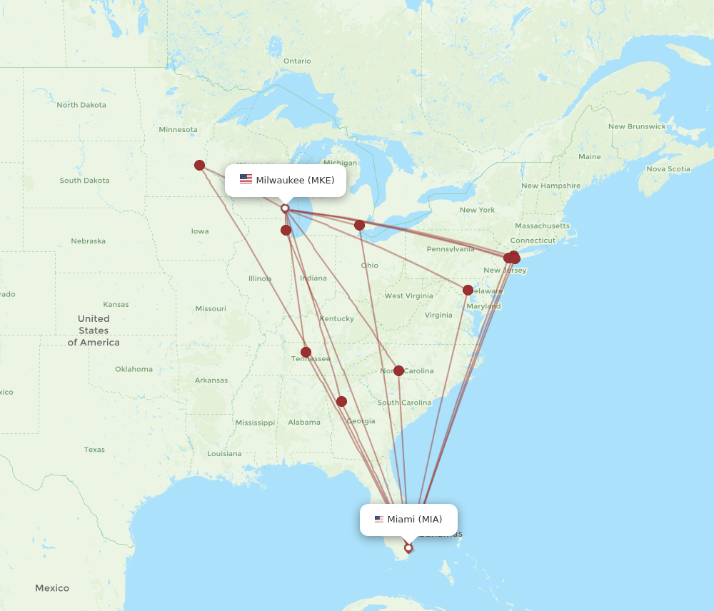 MIA to MKE flights and routes map