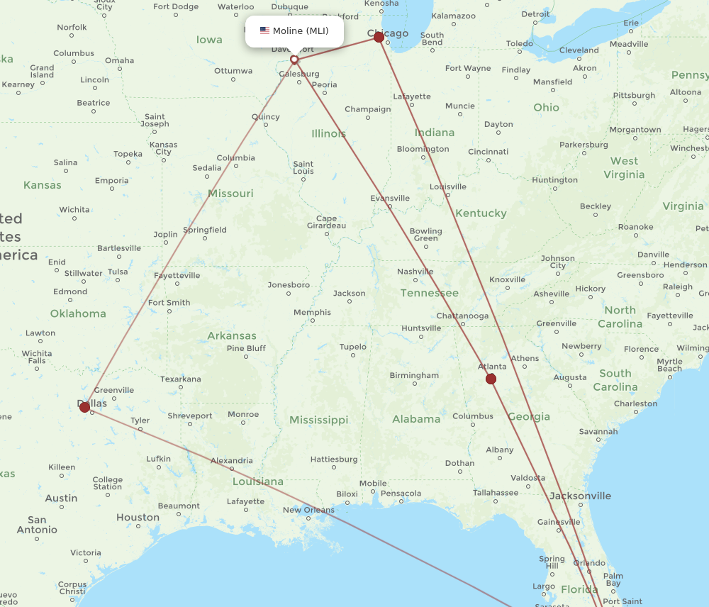MIA to MLI flights and routes map