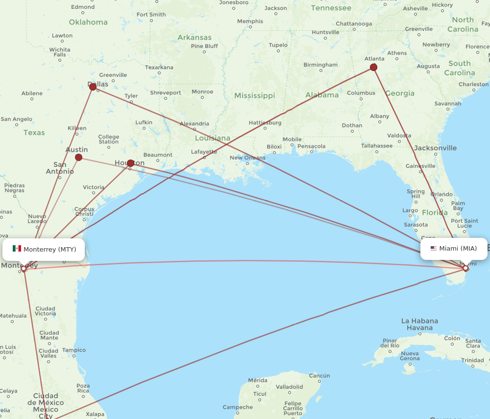 MIA to MTY flights and routes map