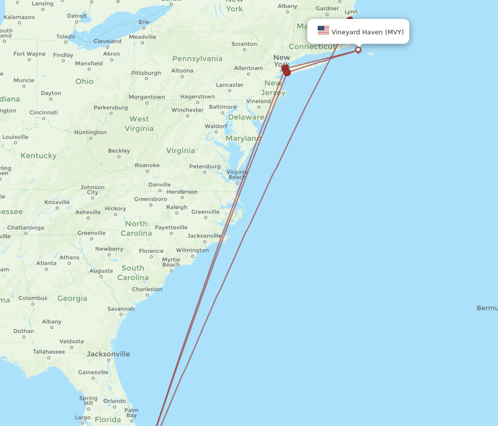 MIA to MVY flights and routes map