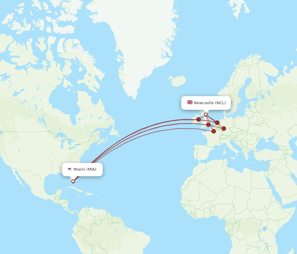 MIA to NCL flights and routes map