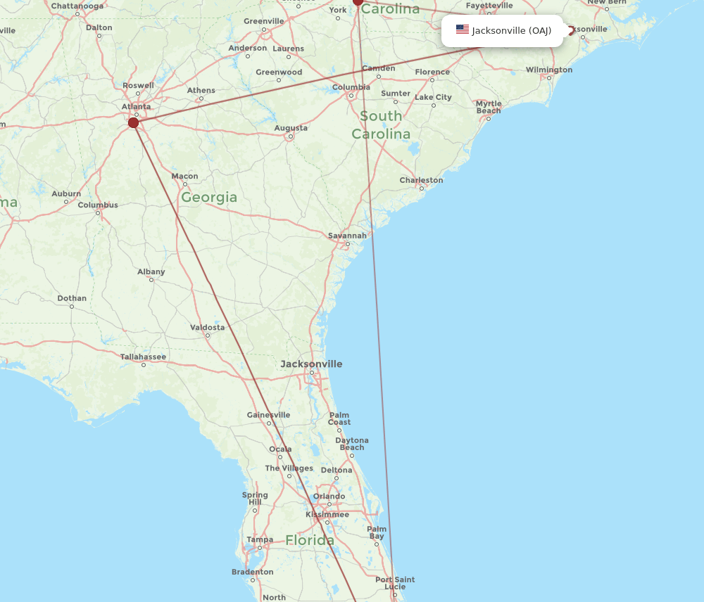 MIA to OAJ flights and routes map