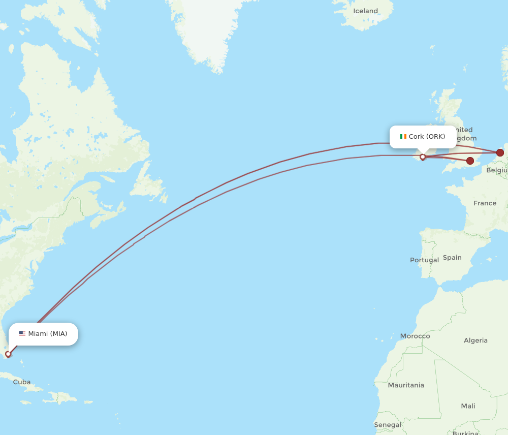 MIA to ORK flights and routes map