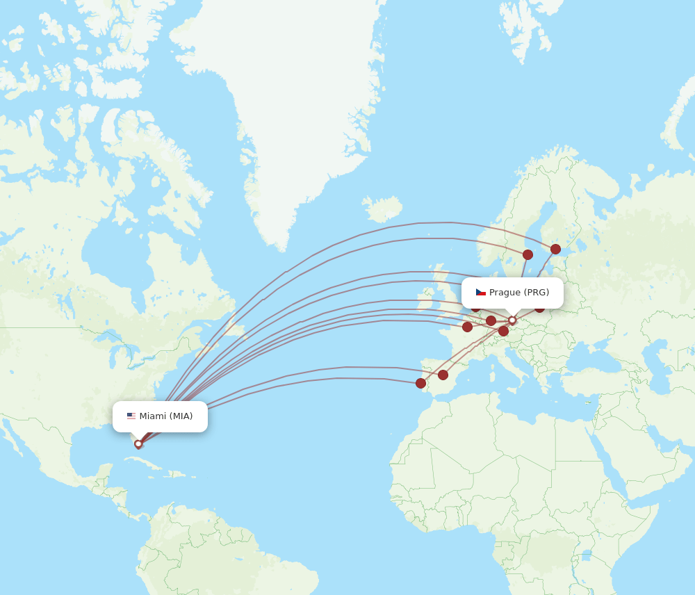 MIA to PRG flights and routes map