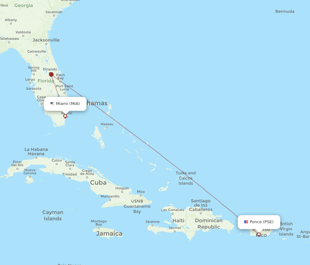 Miami - Ponce route map and flight paths