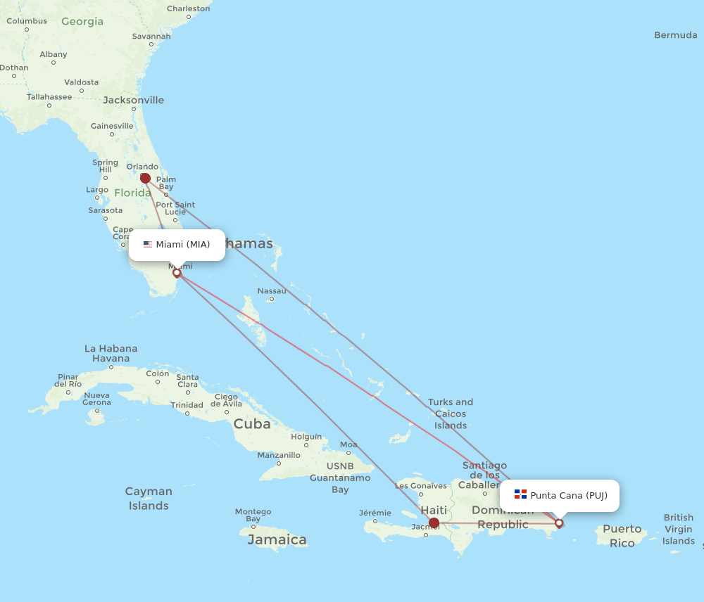 MIA to PUJ flights and routes map