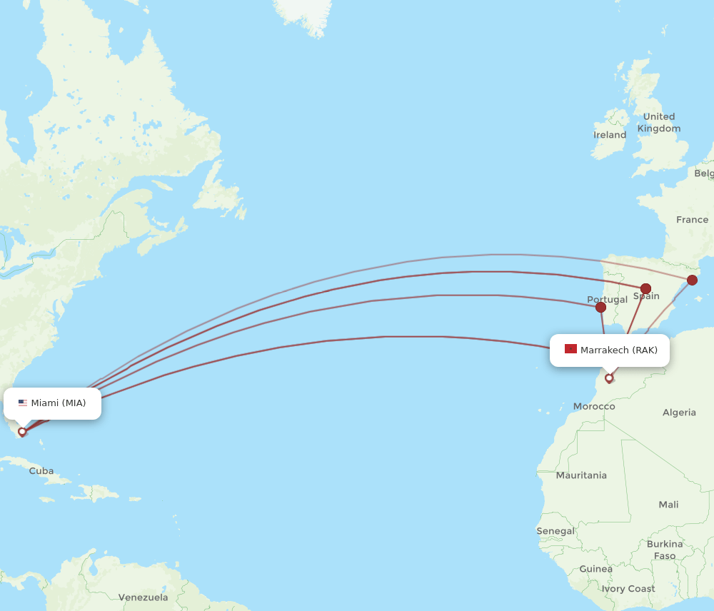MIA-RAK flight routes