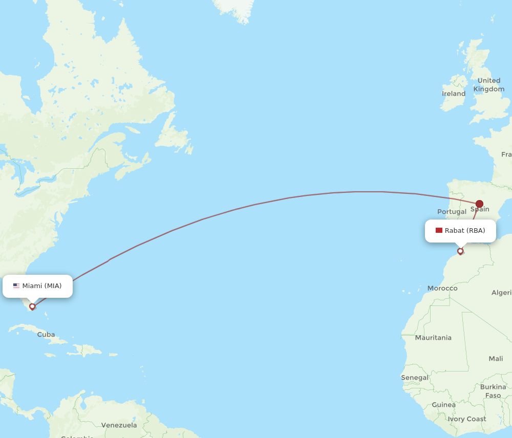 MIA to RBA flights and routes map
