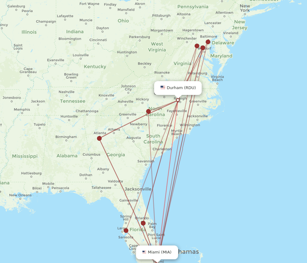 MIA-RDU flight routes