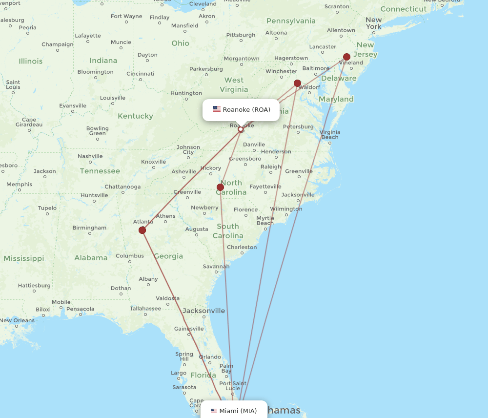 MIA-ROA flight routes