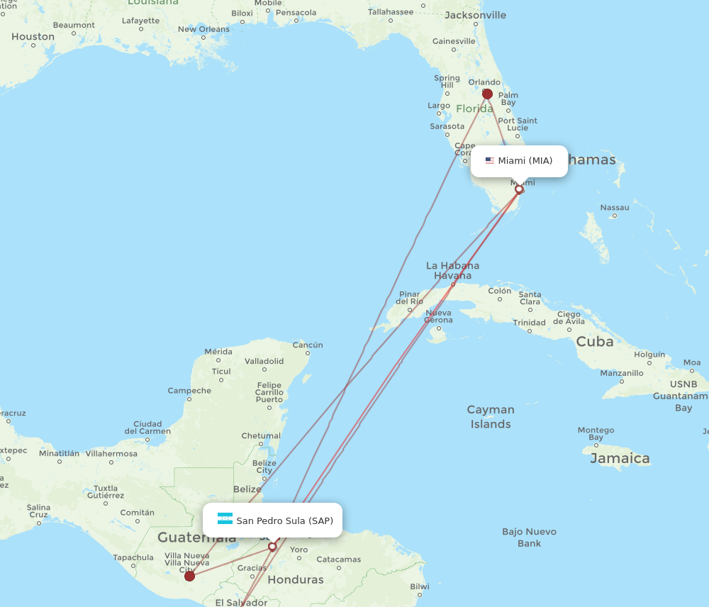 MIA to SAP flights and routes map