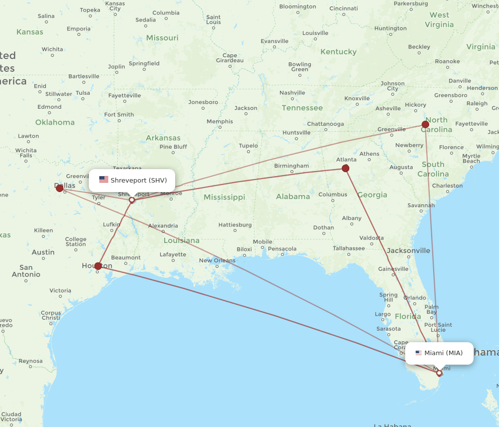 MIA-SHV flight routes