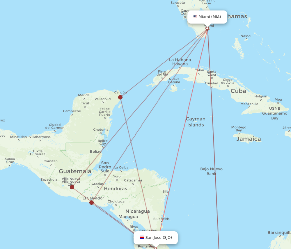 MIA to SJO flights and routes map
