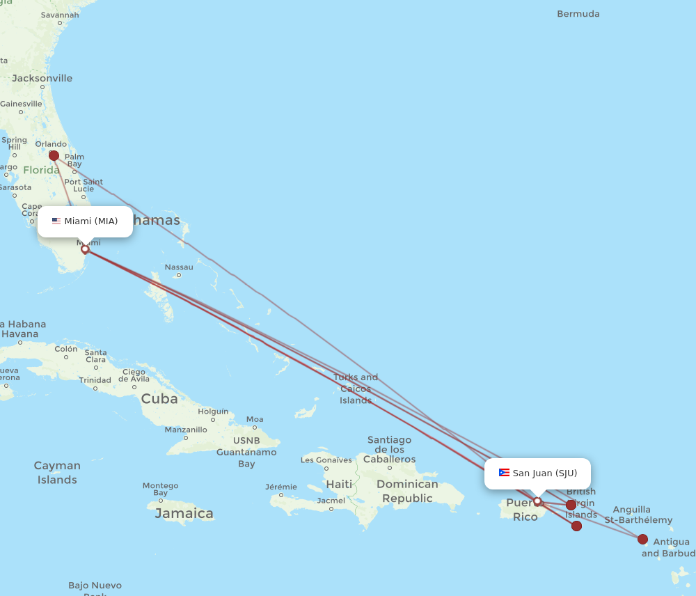 MIA to SJU flights and routes map