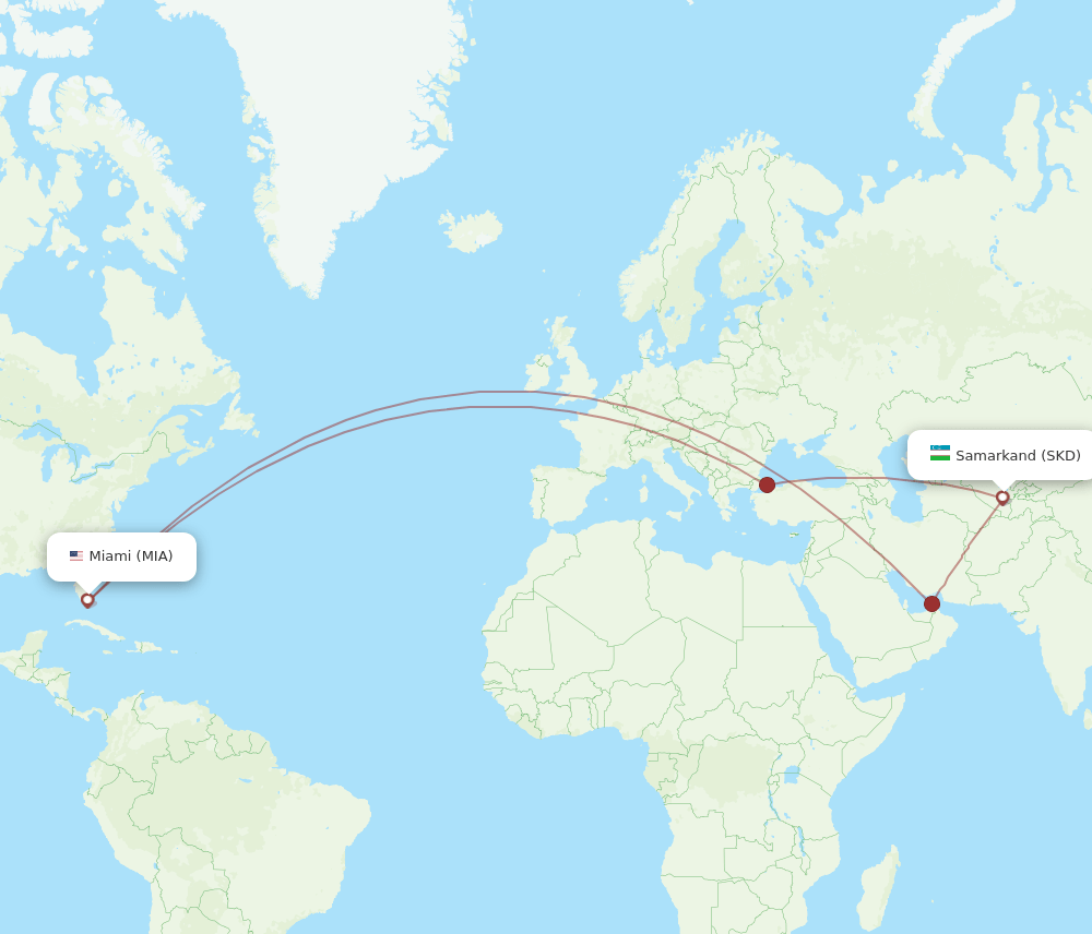 MIA-SKD flight routes