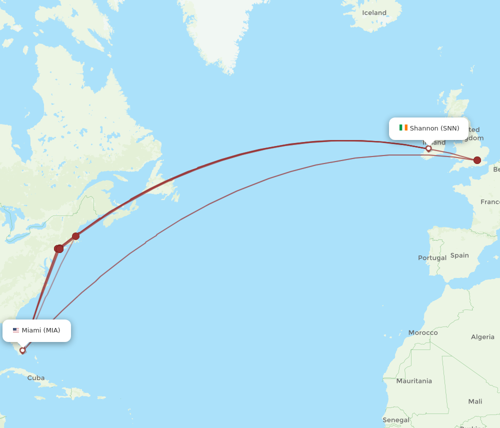 MIA to SNN flights and routes map