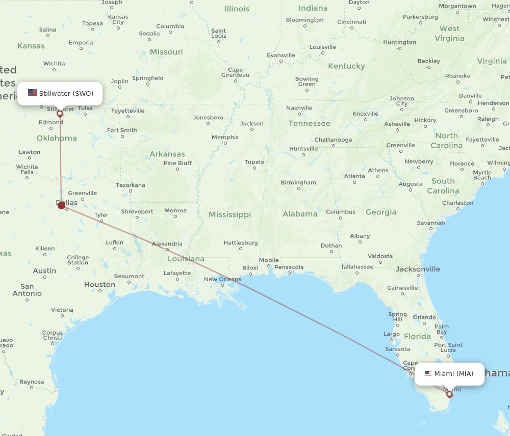 MIA to SWO flights and routes map