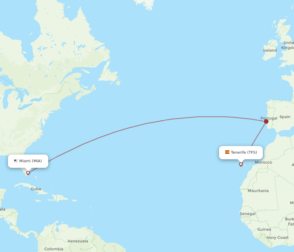 MIA to TFS flights and routes map