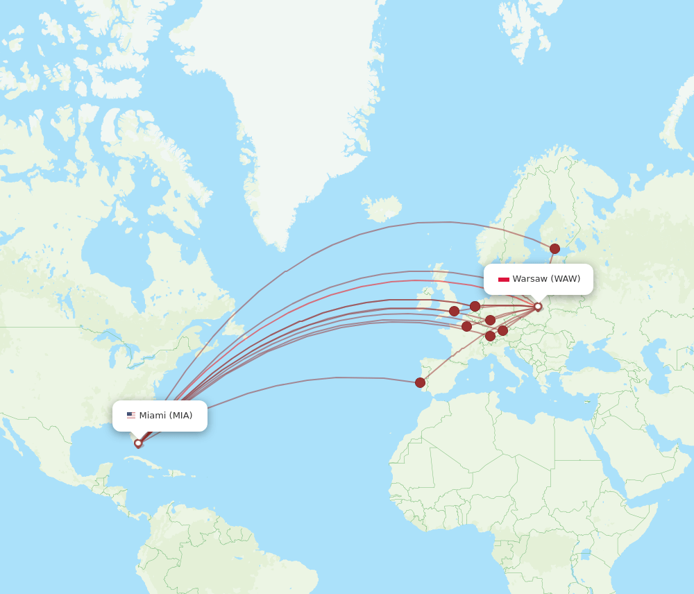 MIA-WAW flight routes