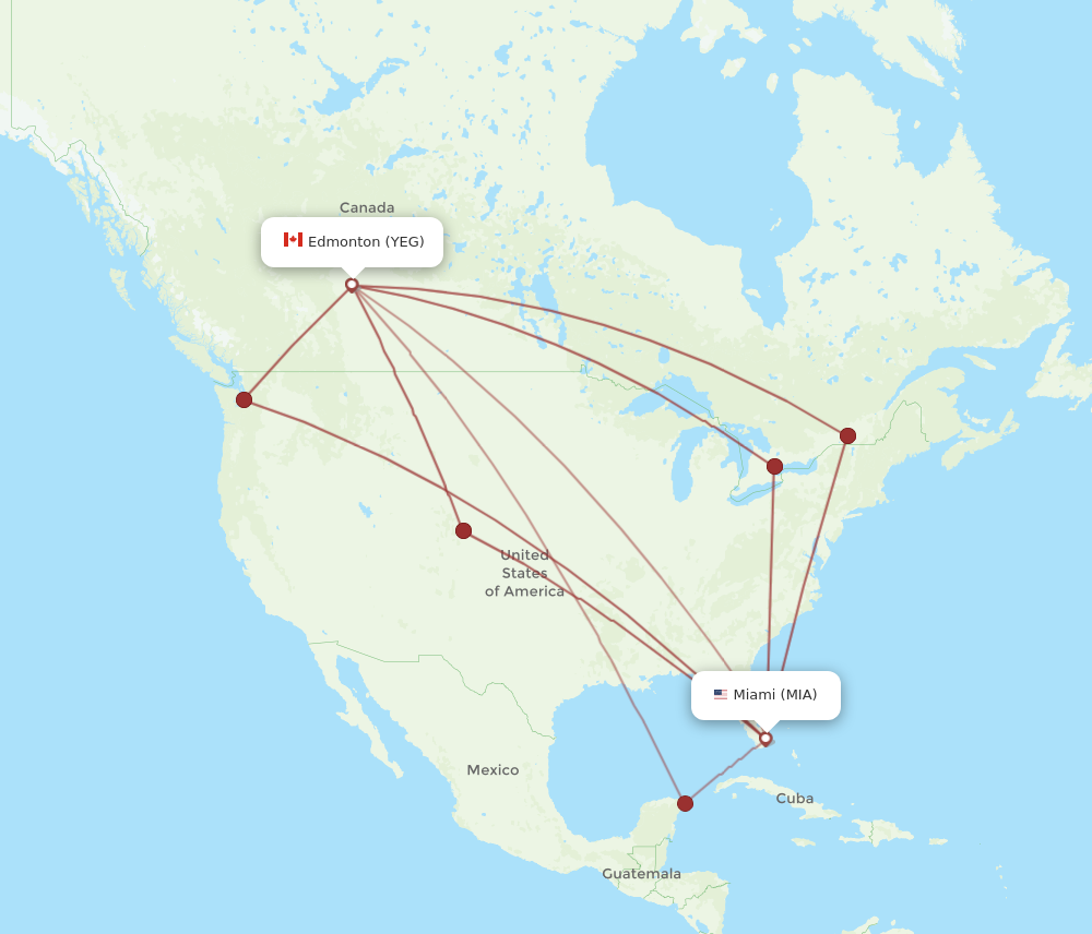 MIA to YEG flights and routes map