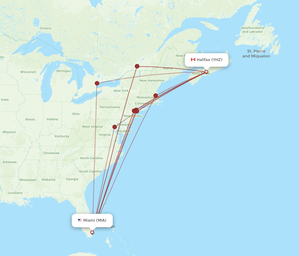 MIA to YHZ flights and routes map