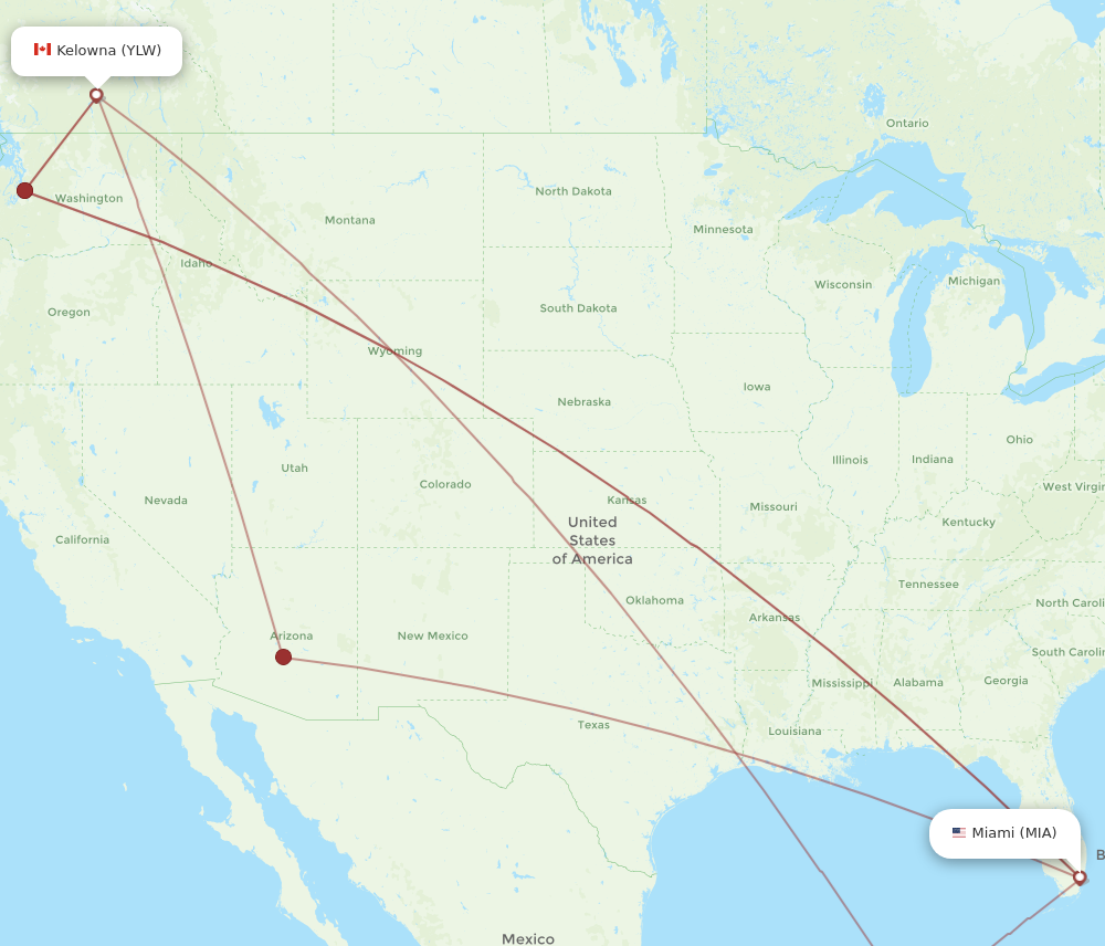 MIA to YLW flights and routes map