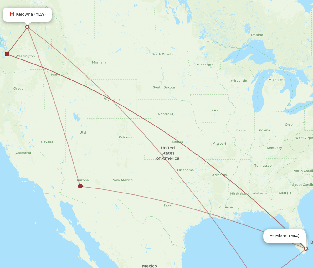 MIA to YLW flights and routes map