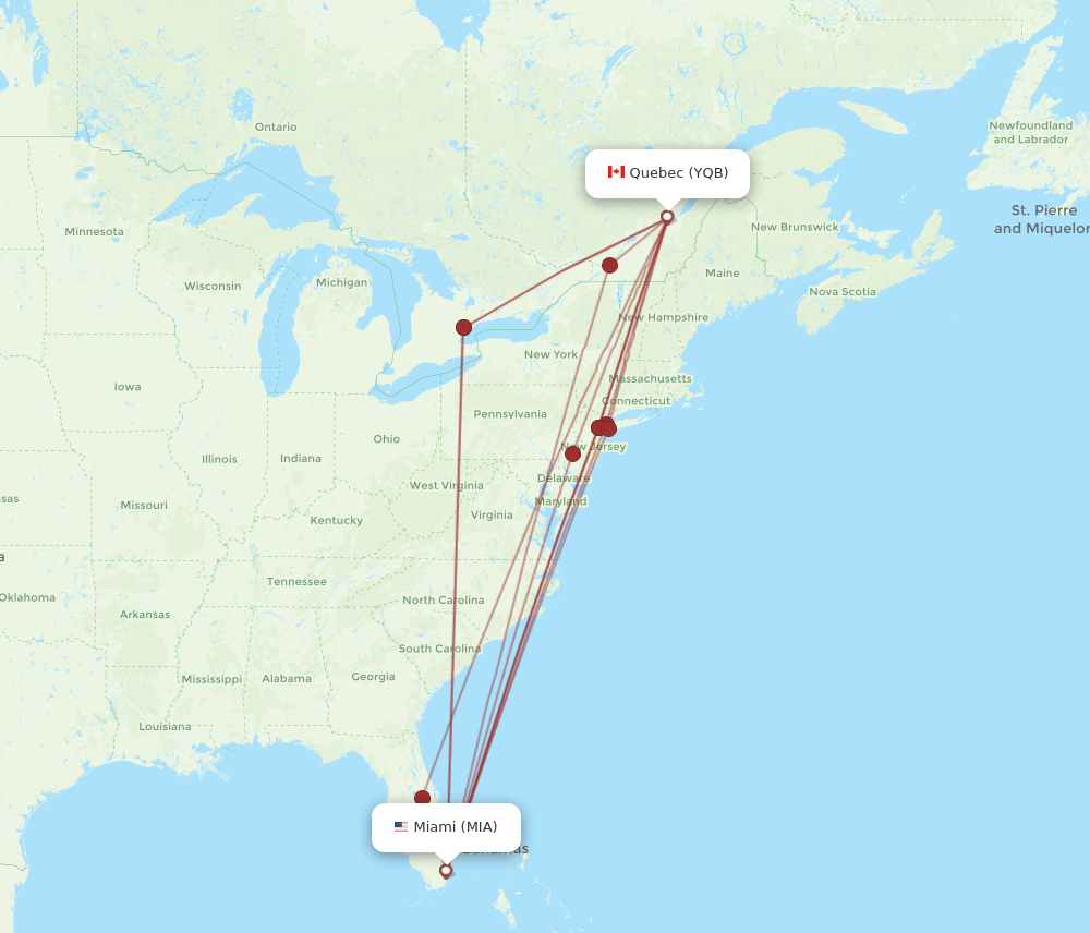 MIA to YQB flights and routes map