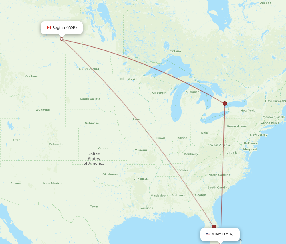 MIA to YQR flights and routes map