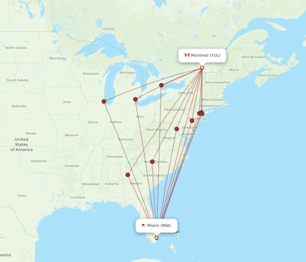 MIA to YUL flights and routes map