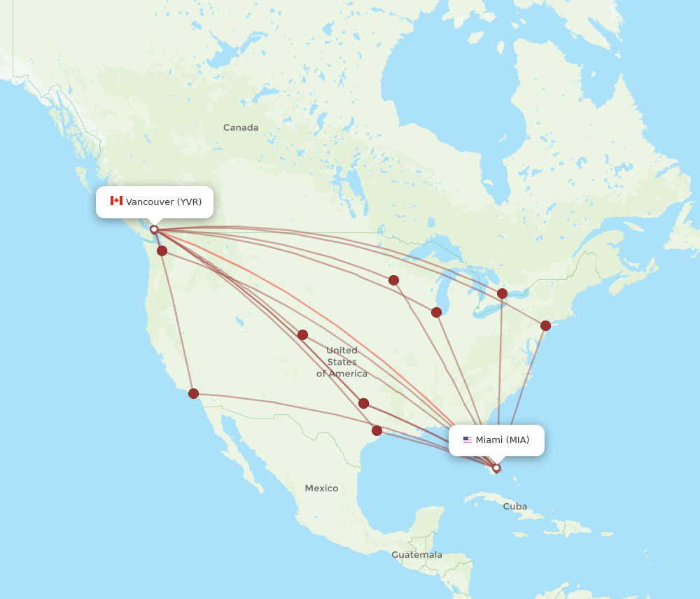 MIA to YVR flights and routes map